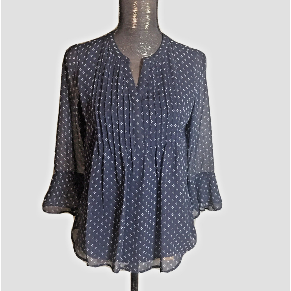 Women's Blue Flowy pintuck Flowy Blouse Tunic Ruffle bell sleeves feminine - L - Picture 2 of 10